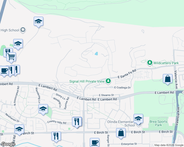 map of restaurants, bars, coffee shops, grocery stores, and more near 2697 East Ojai Drive in Brea