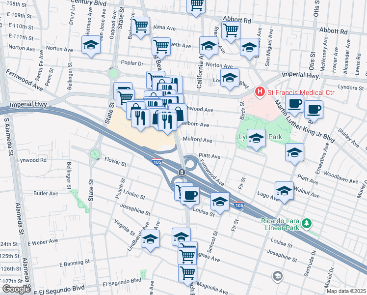 map of restaurants, bars, coffee shops, grocery stores, and more near 1140 Long Beach Boulevard in Lynwood