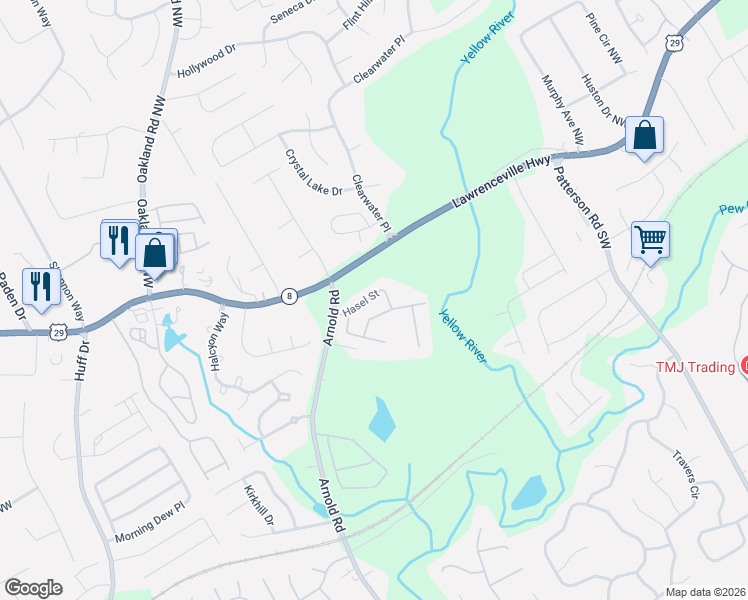 map of restaurants, bars, coffee shops, grocery stores, and more near 2090 Hasel Street in Lawrenceville