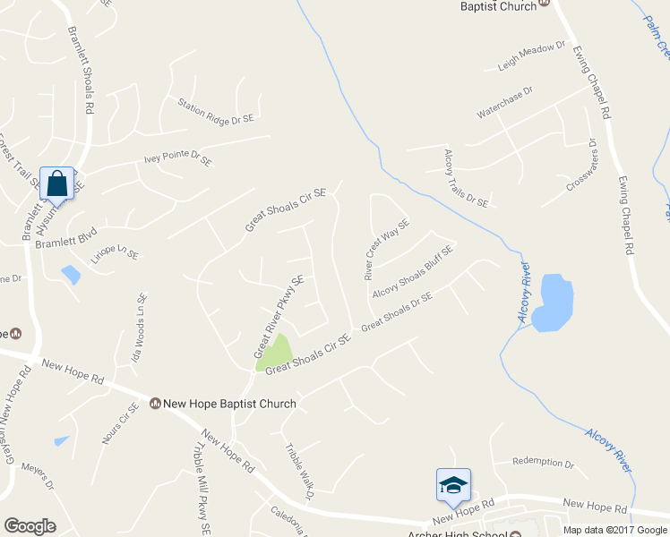 map of restaurants, bars, coffee shops, grocery stores, and more near 1443 Great Shoals Circle Southeast in Lawrenceville