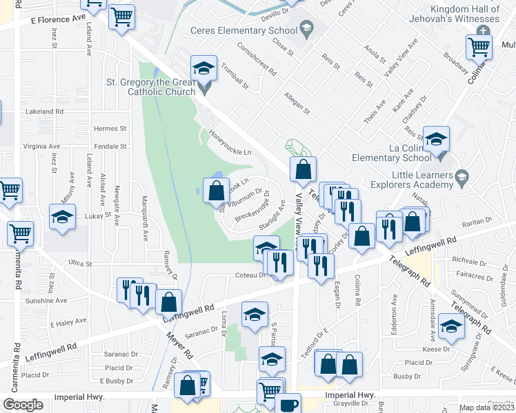 map of restaurants, bars, coffee shops, grocery stores, and more near 11515 Breckenridge Drive in Whittier