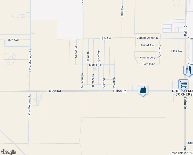 map of restaurants, bars, coffee shops, grocery stores, and more near 16703 Florence Drive in Desert Hot Springs