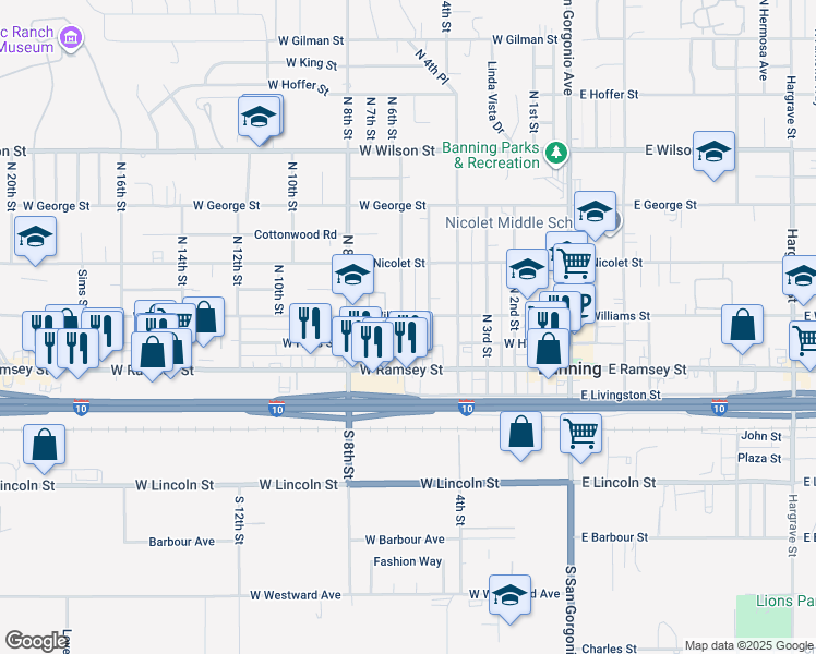 map of restaurants, bars, coffee shops, grocery stores, and more near 568 West Williams Street in Banning