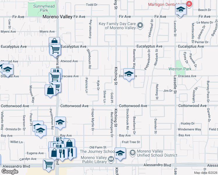 map of restaurants, bars, coffee shops, grocery stores, and more near 13358 Silver Lane in Moreno Valley
