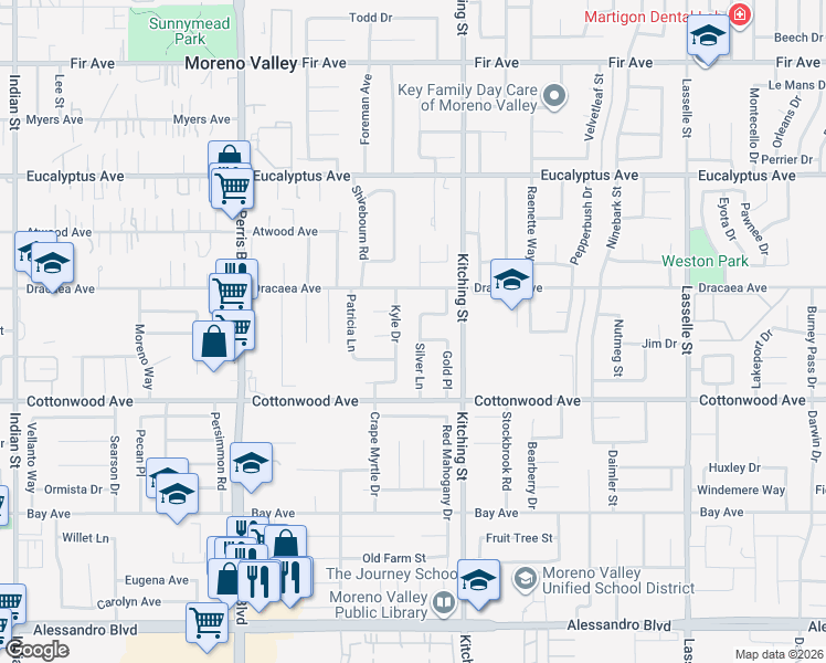 map of restaurants, bars, coffee shops, grocery stores, and more near 13358 Silver Lane in Moreno Valley