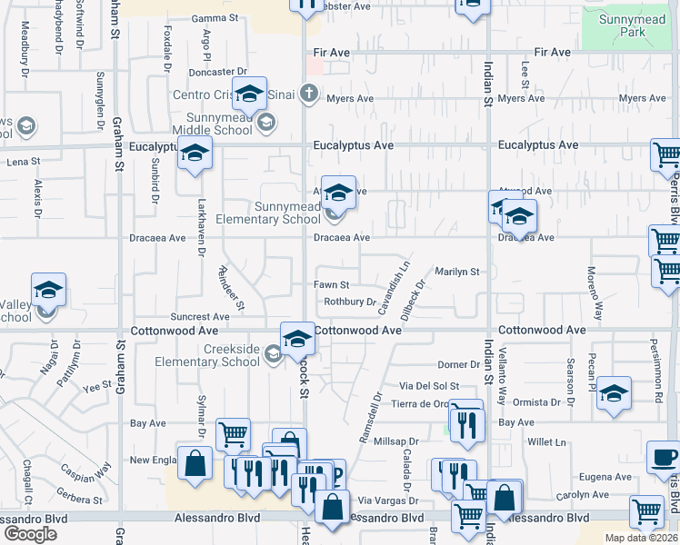 map of restaurants, bars, coffee shops, grocery stores, and more near 13311 Helmsdale Street in Moreno Valley