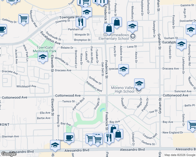 map of restaurants, bars, coffee shops, grocery stores, and more near 13306 Appleby Court in Moreno Valley