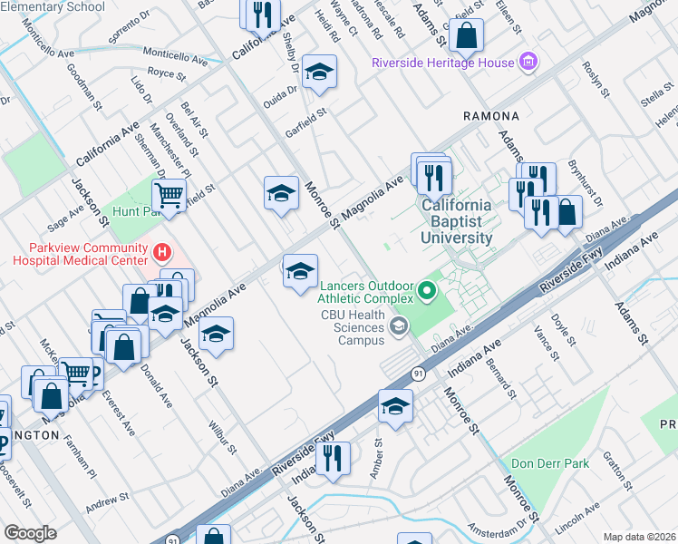 map of restaurants, bars, coffee shops, grocery stores, and more near 8778 Magnolia Avenue in Riverside