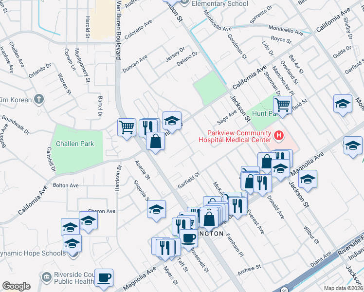 map of restaurants, bars, coffee shops, grocery stores, and more near 4150 Macarthur Road in Riverside