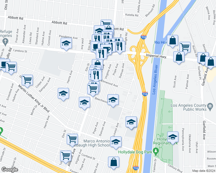 map of restaurants, bars, coffee shops, grocery stores, and more near 11110 Virginia Avenue in Lynwood