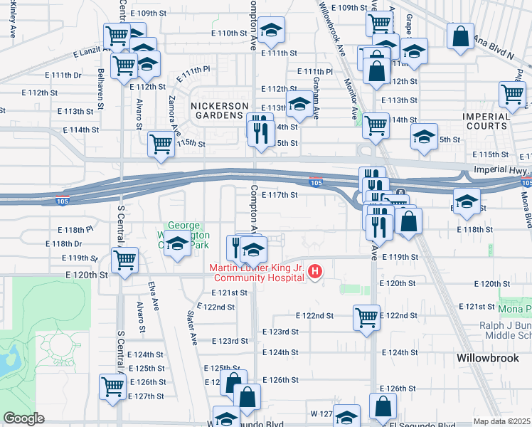 map of restaurants, bars, coffee shops, grocery stores, and more near 1633 East 117th Place in Los Angeles