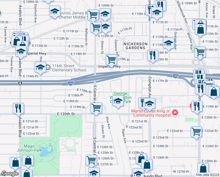 map of restaurants, bars, coffee shops, grocery stores, and more near 11749 Slater Street in Los Angeles