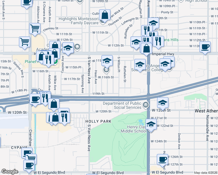 map of restaurants, bars, coffee shops, grocery stores, and more near 11703 Cimarron Avenue in Hawthorne