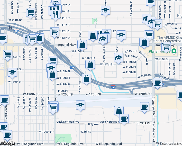 map of restaurants, bars, coffee shops, grocery stores, and more near 3716 West 118th Street in Hawthorne