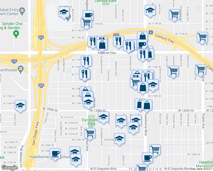 map of restaurants, bars, coffee shops, grocery stores, and more near 4690 West 118th Street in Hawthorne