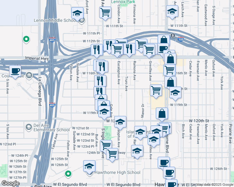 map of restaurants, bars, coffee shops, grocery stores, and more near 4690 West 118th Street in Hawthorne
