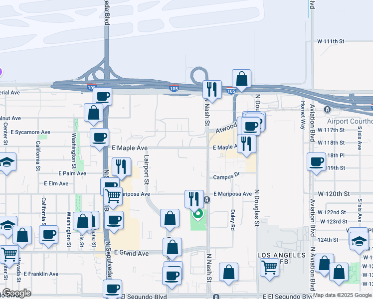 map of restaurants, bars, coffee shops, grocery stores, and more near 2051 East Maple Avenue in El Segundo