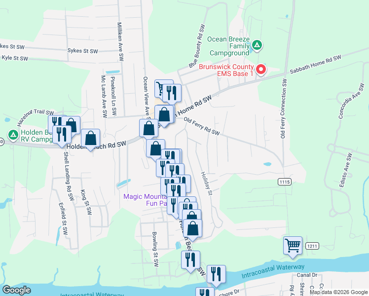 map of restaurants, bars, coffee shops, grocery stores, and more near 2914 Fulford Avenue Southwest in Brunswick County