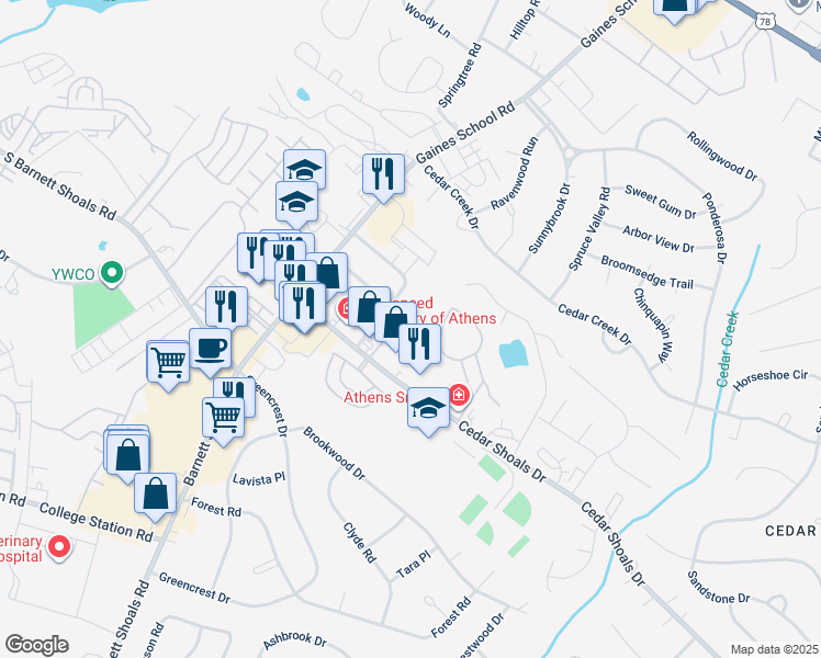 map of restaurants, bars, coffee shops, grocery stores, and more near 1197 Cedar Shoals Drive in Athens