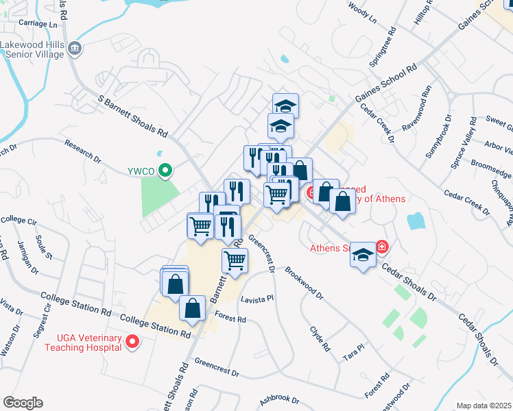 map of restaurants, bars, coffee shops, grocery stores, and more near 101 Georgetown Circle in Athens