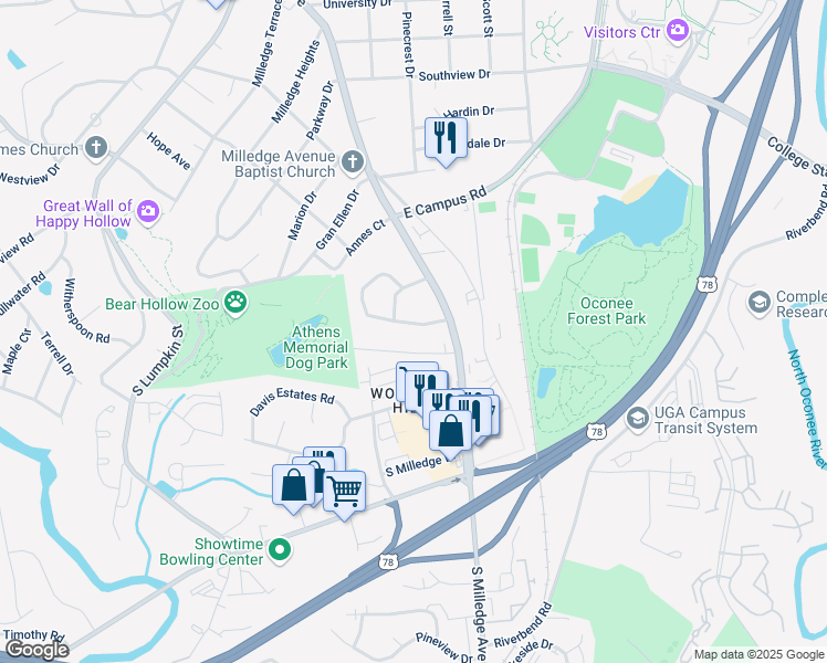 map of restaurants, bars, coffee shops, grocery stores, and more near 230 Habersham Drive in Athens