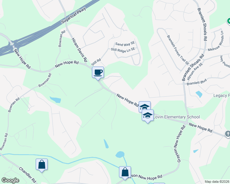 map of restaurants, bars, coffee shops, grocery stores, and more near 1566 New Hope Road in Lawrenceville