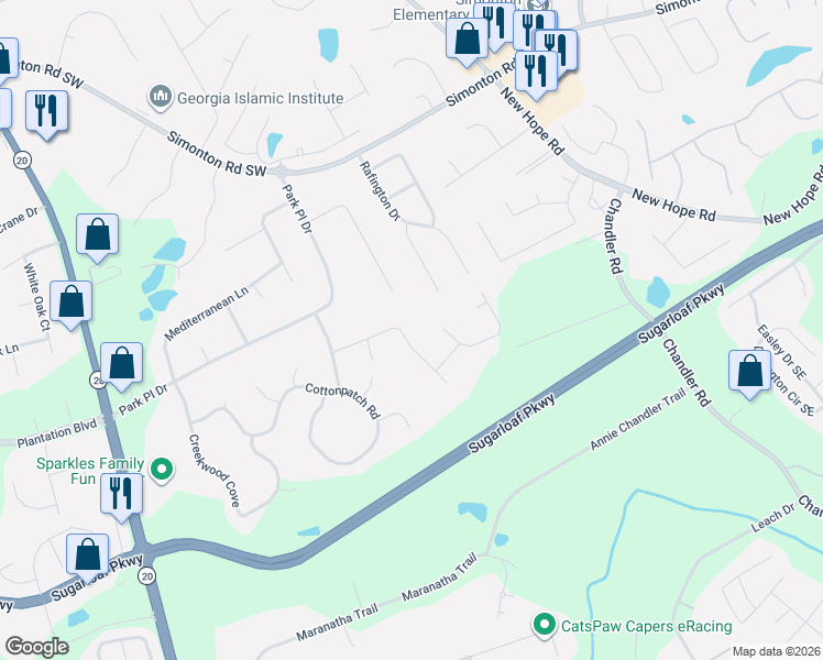 map of restaurants, bars, coffee shops, grocery stores, and more near 85 Stone Wood Lane in Lawrenceville