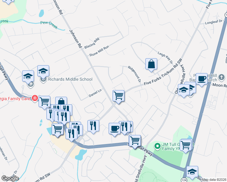 map of restaurants, bars, coffee shops, grocery stores, and more near 407 Highgate Place in Lawrenceville