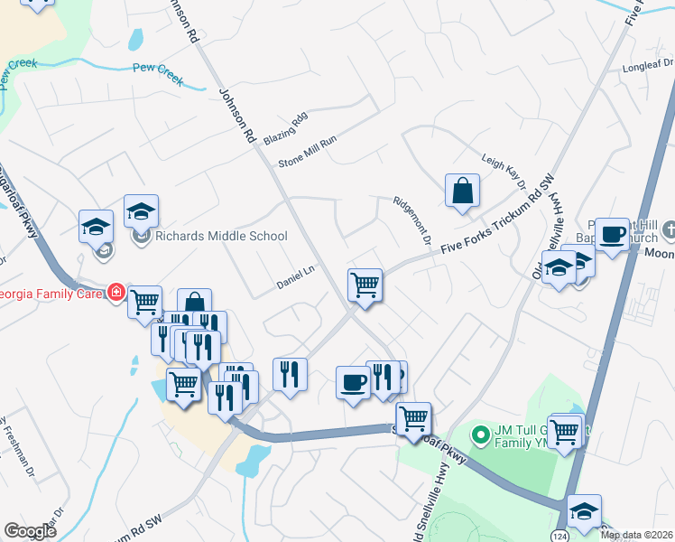 map of restaurants, bars, coffee shops, grocery stores, and more near 407 Highgate Place in Lawrenceville