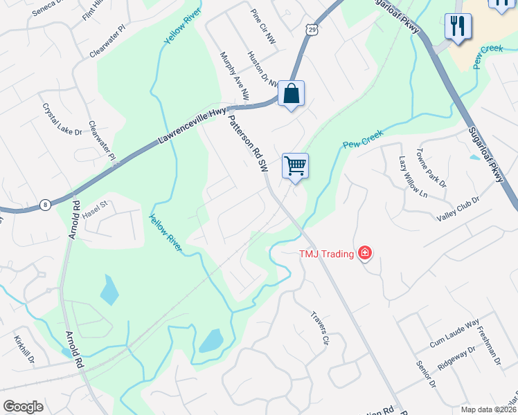 map of restaurants, bars, coffee shops, grocery stores, and more near 1868 Patterson Court in Lawrenceville