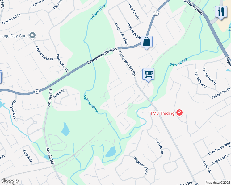 map of restaurants, bars, coffee shops, grocery stores, and more near 1905 Patterson Court in Lawrenceville