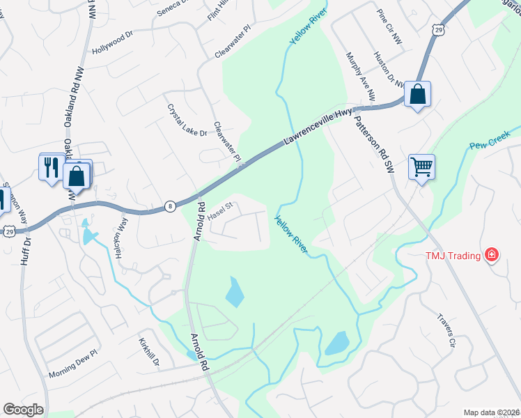 map of restaurants, bars, coffee shops, grocery stores, and more near 1989 Burns View Lane Southwest in Lawrenceville