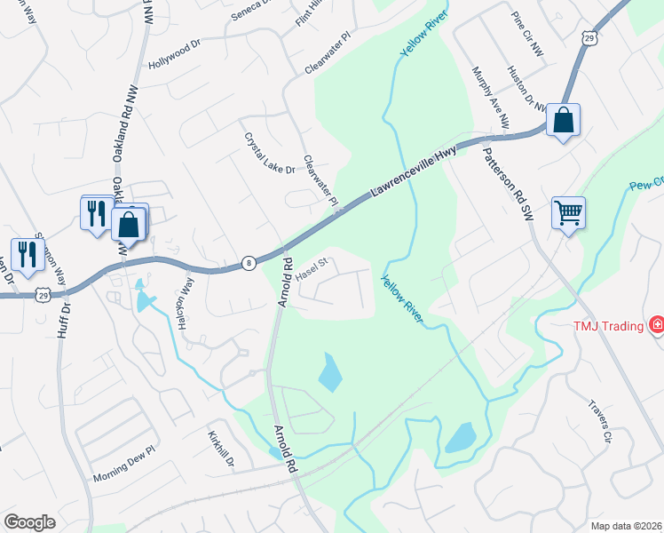 map of restaurants, bars, coffee shops, grocery stores, and more near 2090 Hasel Street in Lawrenceville