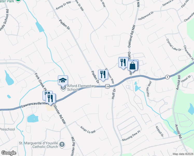 map of restaurants, bars, coffee shops, grocery stores, and more near 298 Paden Cove Trail in Lawrenceville