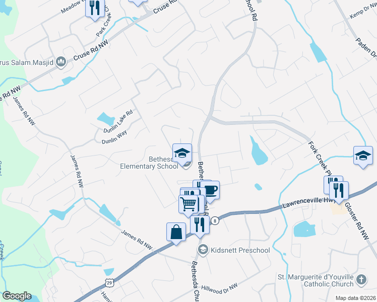 map of restaurants, bars, coffee shops, grocery stores, and more near 434 Sugar Gate Court in Lawrenceville