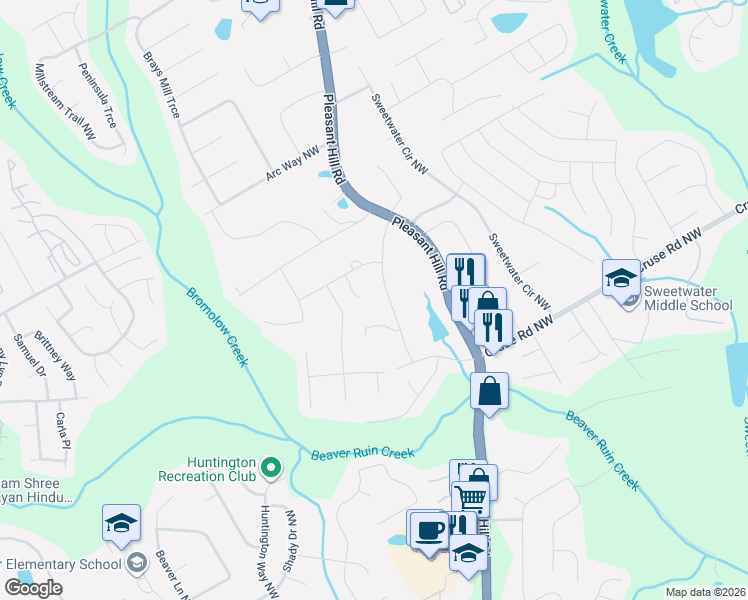 map of restaurants, bars, coffee shops, grocery stores, and more near 1023 Bob Hannah Circle Northwest in Lawrenceville