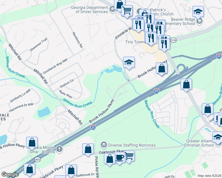 map of restaurants, bars, coffee shops, grocery stores, and more near 2261 Ferentz Trace in Norcross