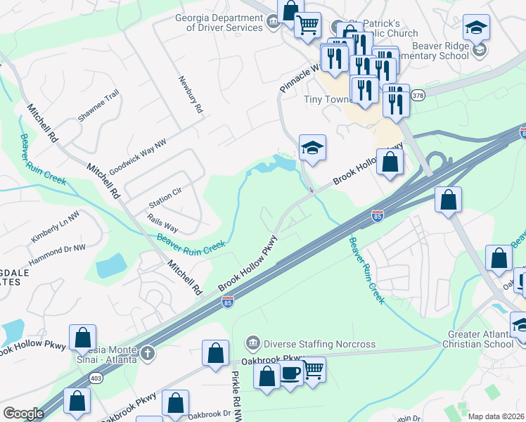 map of restaurants, bars, coffee shops, grocery stores, and more near 2280 Ferentz Trace in Norcross