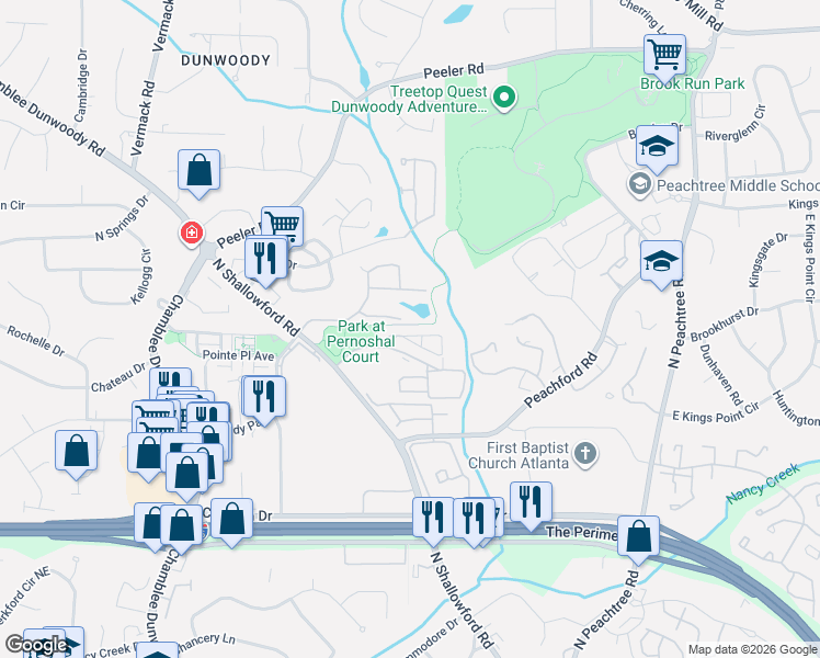 map of restaurants, bars, coffee shops, grocery stores, and more near 3501 Lake Ridge Lane in Dunwoody
