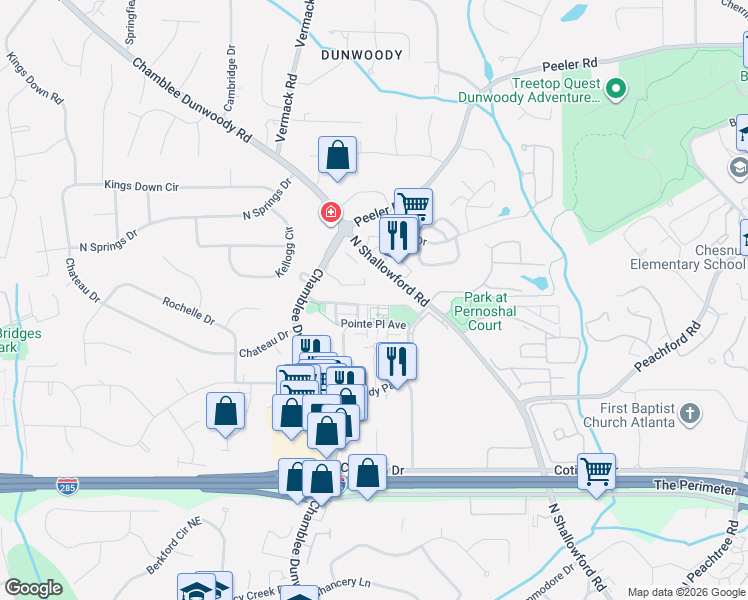 map of restaurants, bars, coffee shops, grocery stores, and more near 4630 North Shallowford Road in Dunwoody