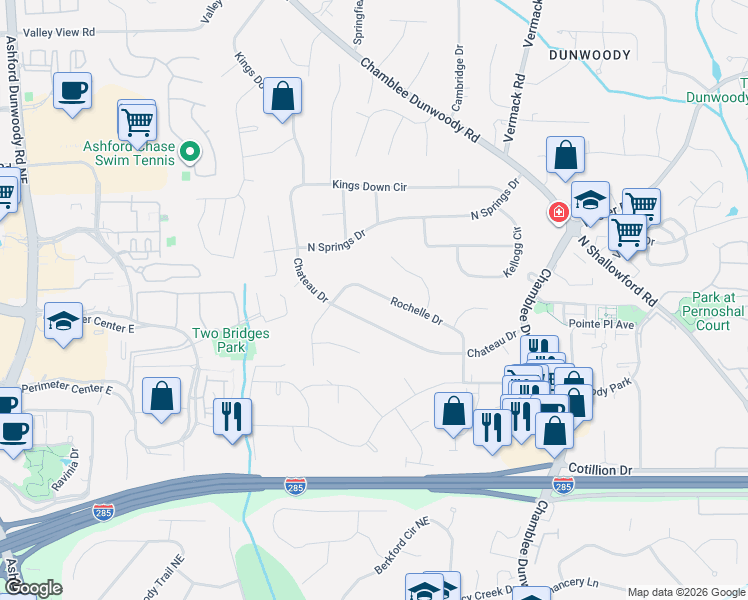 map of restaurants, bars, coffee shops, grocery stores, and more near 1583 Rochelle Drive in Dunwoody