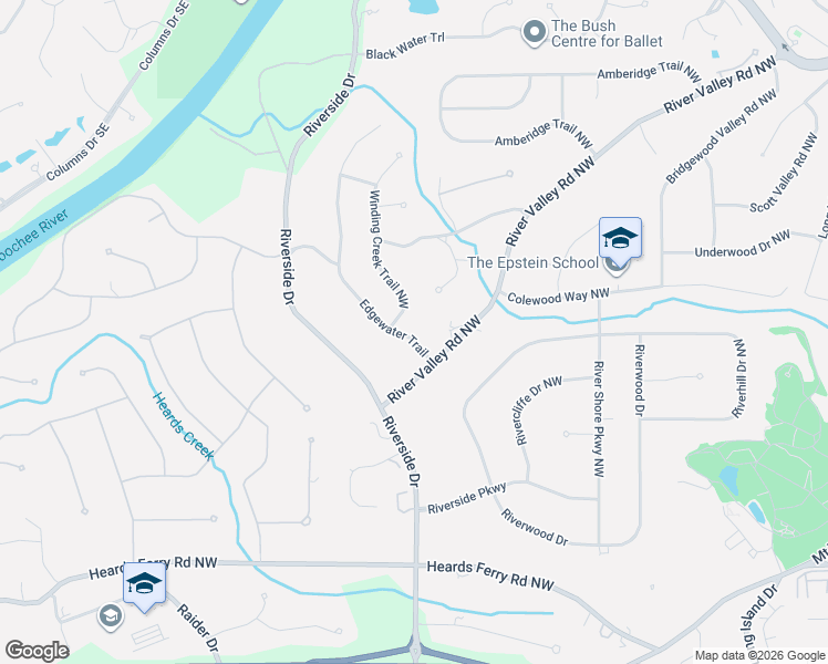 map of restaurants, bars, coffee shops, grocery stores, and more near 605 Edgewater Trail in Atlanta