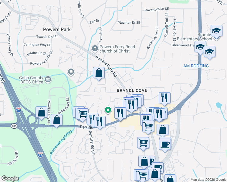 map of restaurants, bars, coffee shops, grocery stores, and more near 970 Hickory Leaf Court Southeast in Marietta