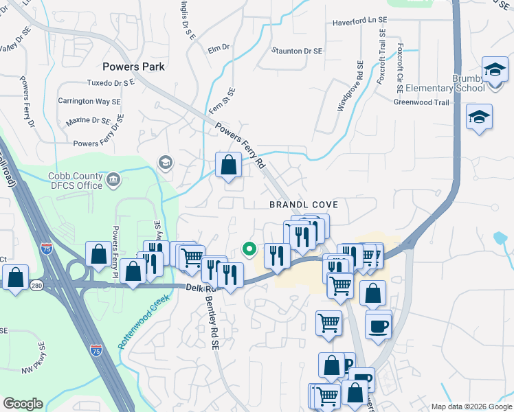 map of restaurants, bars, coffee shops, grocery stores, and more near 107 Willow Field Drive in Marietta