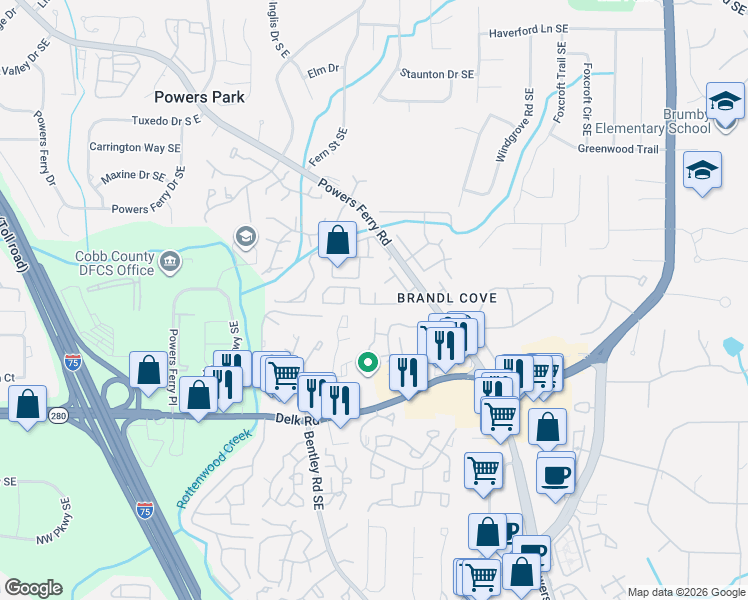 map of restaurants, bars, coffee shops, grocery stores, and more near 107 Willow Field Drive in Marietta