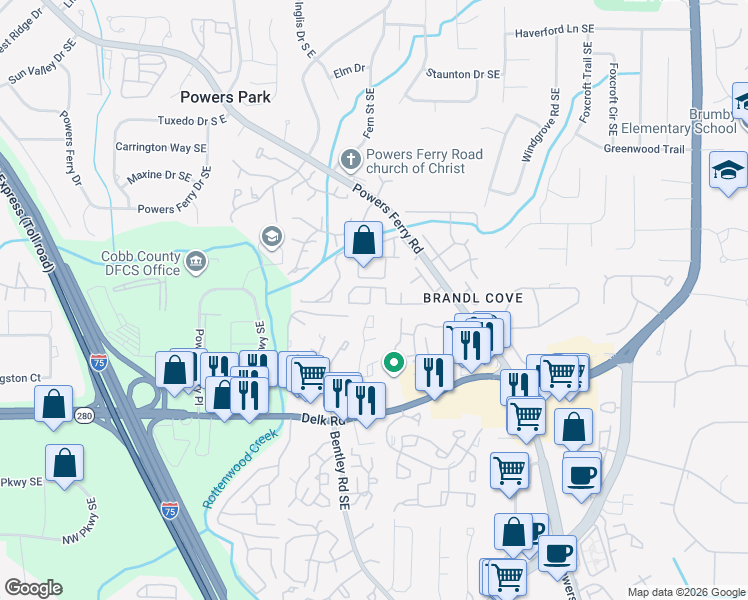 map of restaurants, bars, coffee shops, grocery stores, and more near 1102 Willow Field Drive in Marietta