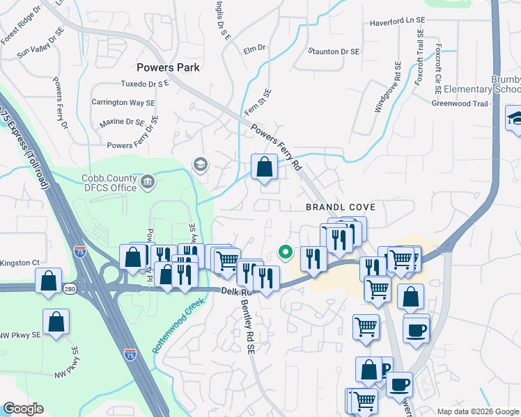 map of restaurants, bars, coffee shops, grocery stores, and more near 1102 Willow Field Drive in Marietta
