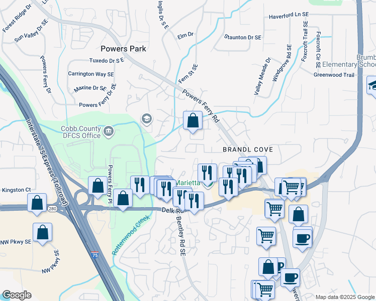 map of restaurants, bars, coffee shops, grocery stores, and more near 1102 Willow Field Drive in Marietta