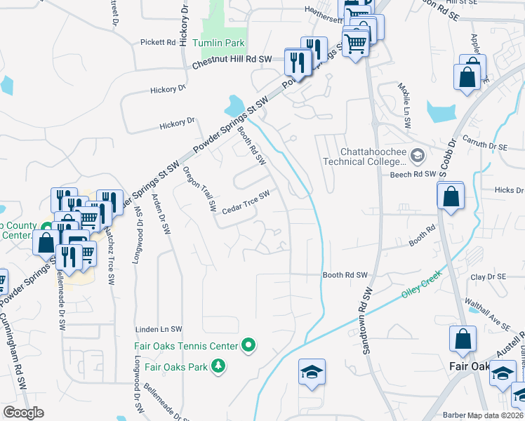 map of restaurants, bars, coffee shops, grocery stores, and more near 390 Cedar Trce Southwest in Marietta