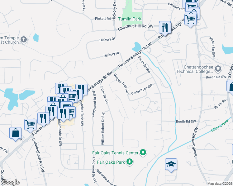 map of restaurants, bars, coffee shops, grocery stores, and more near 1021 Sugar Springs Drive Southwest in Marietta